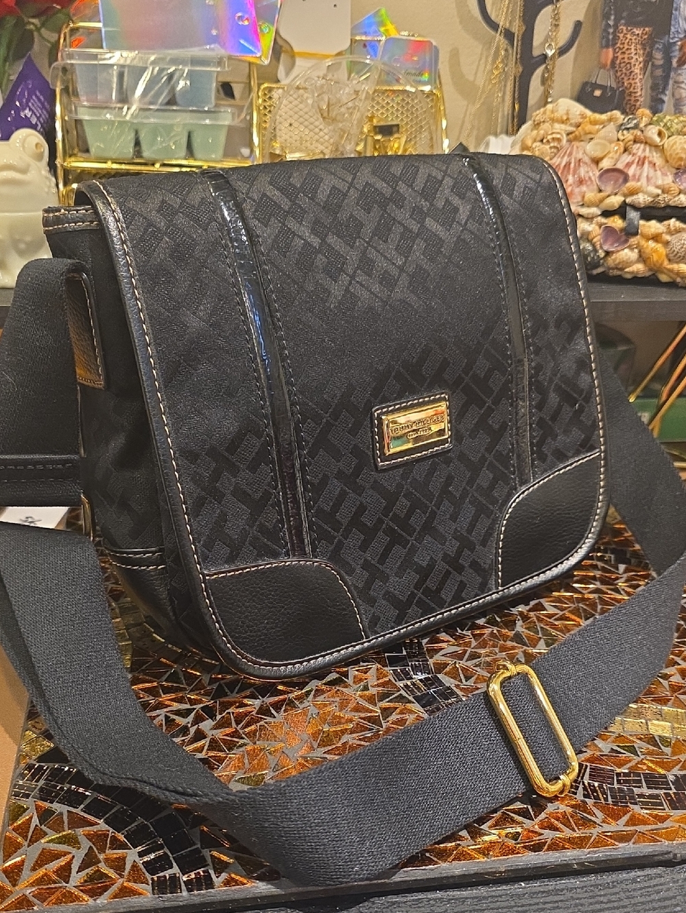 Tommy Hilfiger Black Patterned Crossbody Messenger Bag